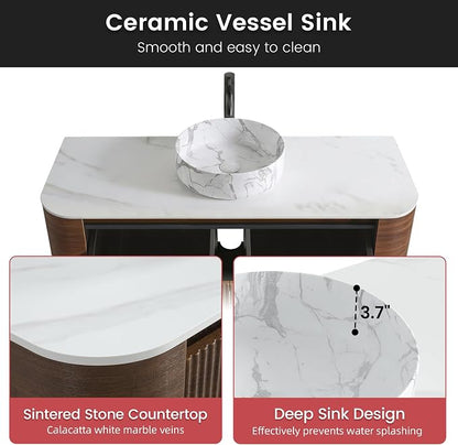 48" Floating Bathroom Vanity with Carrara Finish Sink, Walnut | Pre-Assembled Fluted Wall Mounted Vanity with Ceramic Vessel Sink, Rounded Edges, Soft-Close Drawer & Towel Rack