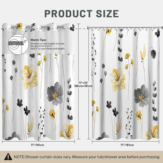 No Hook Floral Shower Curtain with Liner, Yellow Gray, 71x77 | Snap in Liner, 3 in 1, Water Repellent, Easy Install, Machine Washable, Hotel Style for Bathroom, Watercolor Pattern