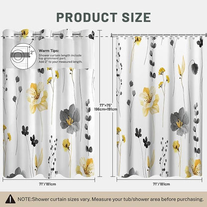 No Hook Floral Shower Curtain with Liner, Yellow Gray, 71x77 | Snap in Liner, 3 in 1, Water Repellent, Easy Install, Machine Washable, Hotel Style for Bathroom, Watercolor Pattern