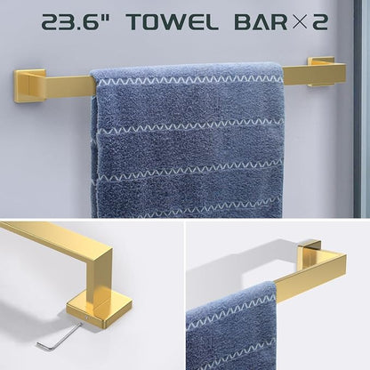Dorudon atrox 7 Piece Gold Bathroom Hardware Set with Brushed Gold Bathroom Accessories - Square 2 Towel Bars Towel Rack Stainless Steel 23-Inch
