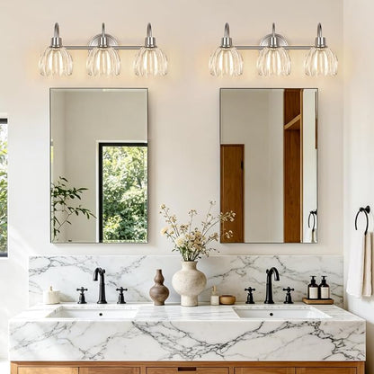 3-Light Bathroom Light Fixtures, 20" Vanity Light Over Mirror with Ribbed Clear Tulip Glass Shades, Brushed Nickel Wall Lights for Bathroom, Bedroom, Living Room, Hallway (Bulb Not Included)