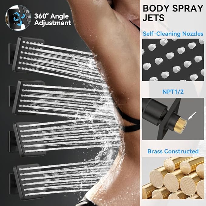 Shower System with 4 Body Jets Matte Black, STARBATH 12" Square Wall Mounted Rain Shower with Handheld Sprayer, Can Use All at Once, Push Button Complete Shower Faucets Sets with Valve and Trim Kit