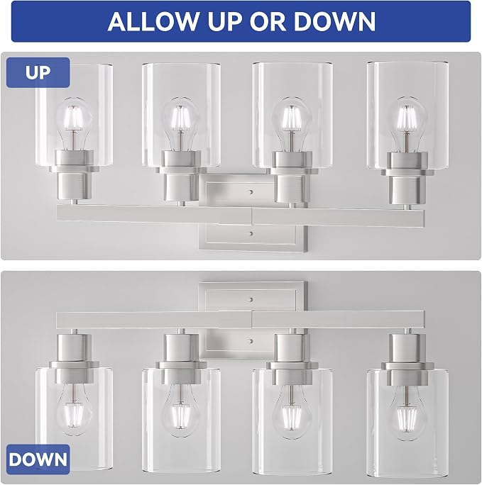 Hasipu 4-Light Bathroom Light Fixtures, Vanity Light with Clear Glass Shade, Bathroom Lighting Fixtures Over Mirror for Kitchen Living Room Hallway Cabinet Porch