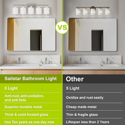 Sailstar 5-Light Bathroom Light Fixture, Brushed Nickel Vanity Lights Over Mirror, Anti-Rust, White Glass Shades, E26 Base, Bulb Not Included