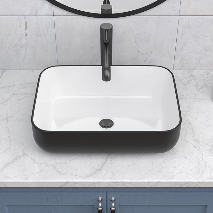 Ceramic Bathroom Sink Black and White 16" x 12" Above Counter Vessel Sink | Modern White Porcelain Ceramic Above Counter Vanity Sink Art Basin Rectangular Countertop Bathroom Vessel Sinks
