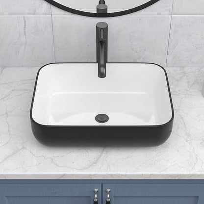 Ceramic Bathroom Sink Black and White 16" x 12" Above Counter Vessel Sink | Modern White Porcelain Ceramic Above Counter Vanity Sink Art Basin Rectangular Countertop Bathroom Vessel Sinks