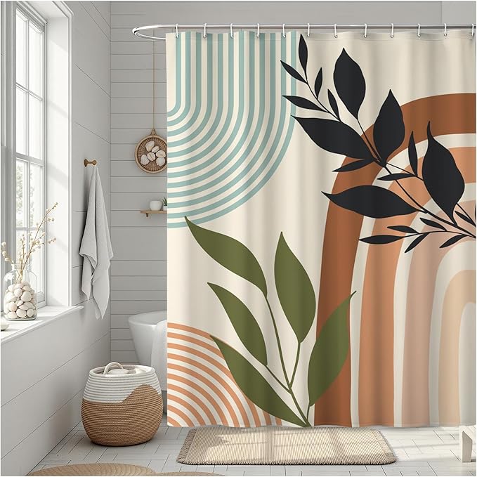 Mid Century Boho Shower Curtain, Sage Green Abstract Geomatric Bohemian, Waterproof Polyester Fabric Shower Curtains Sets with Hooks for Bathroom 72x72 Inches