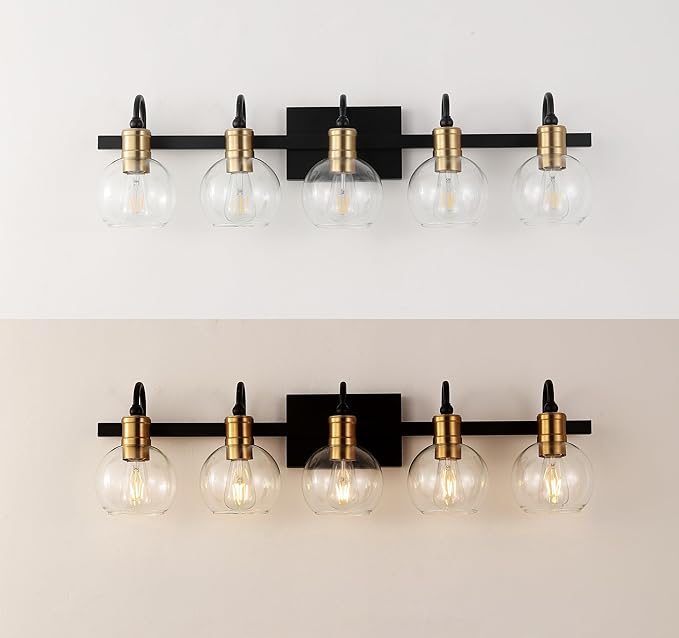 JONATHAN Y 36.5" Black/Brass Gold Vintage Wall Sconce, LED Vanity Light for Bathroom Bedroom Entryway, Clear Glass Globe Shade, Modern Industrial Arched Lamp, LED Bulb Included (JYL3556A)