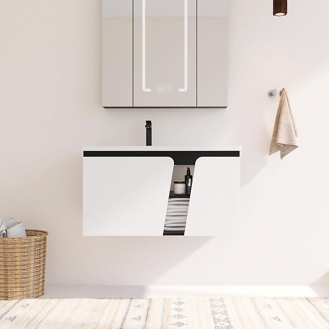 36 Inch Bathroom Vanity with Sink, 36" Floating Bathroom Vanity, Plywood Wooden Cabinet with Soft Close Doors, Modern Wall Mounted Cabinet Set, Ceramic Sink Included
