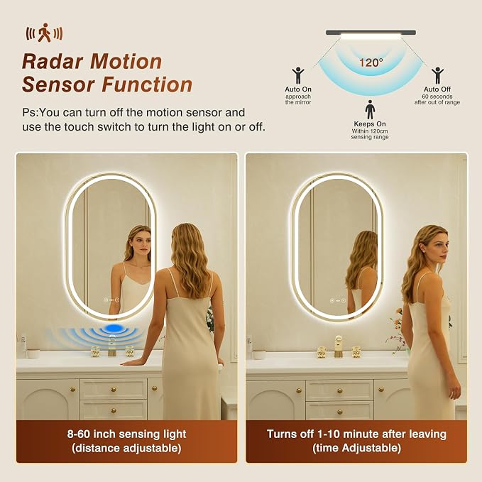 24x40 Inch Oval Gold Framed LED Bathroom Mirror with Lights,Smart Bathroom Mirror,Motion Sensor,Tempered Glass,Anti-Fog,Stepless Dimmable & 3 Colors,Memory,Vanity Mirror for Wall
