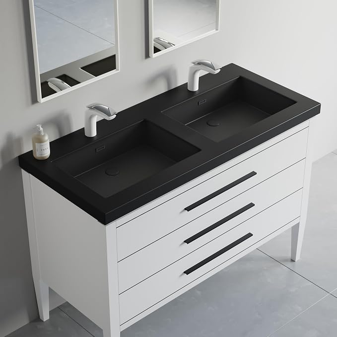 Dowell 49" Bathroom Sink,Double Bowl Vanity Basin,Rectangular Drop-In Bathroom Sink with Overflow,Black-000 4922BPBL