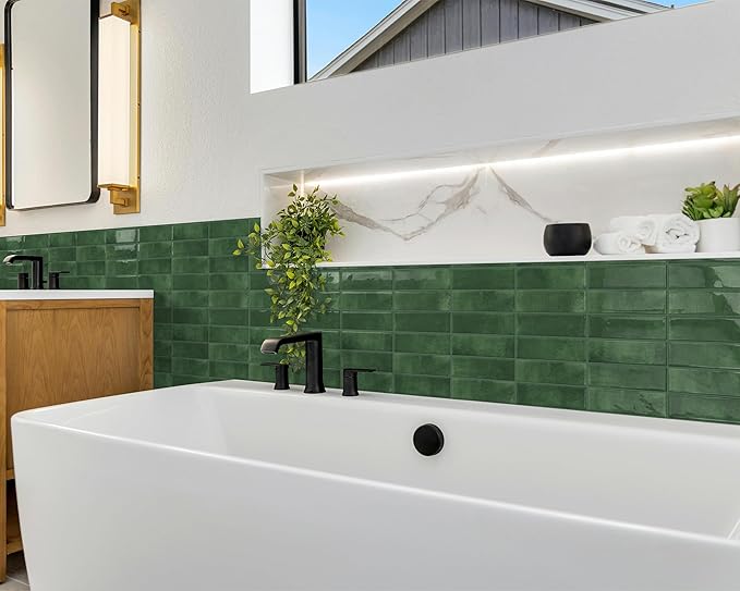 DEWOO 20-Sheet Green Peel and Stick Backsplash Tiles for Kitchen Wall | Self Adhesive,Vertical,Sticky,Subway,Rectangle,for Bathroom,Laundry,Sink,12"×12"
