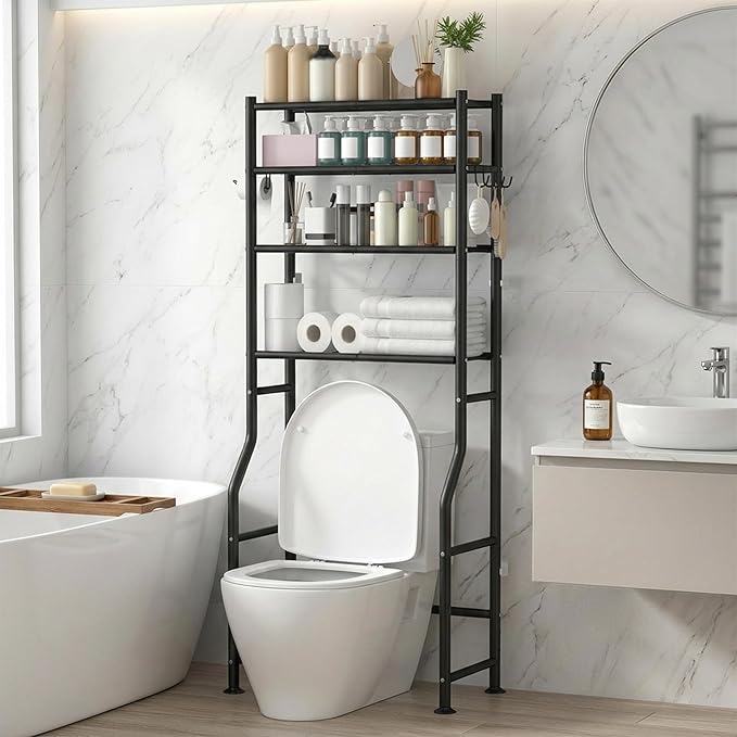 4-Tier Over Toilet Storage with Anti-Tilt Safety System - 150lb Total Capacity Metal Bathroom Shelves Including Paper Holder & 4 Hooks, Space Saving Above Commode Organizer (64" H, Black)