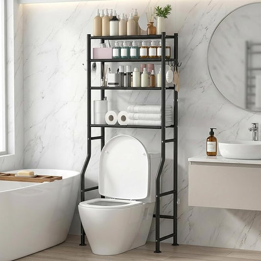 4-Tier Over Toilet Storage with Anti-Tilt Safety System - 150lb Total Capacity Metal Bathroom Shelves Including Paper Holder & 4 Hooks, Space Saving Above Commode Organizer (64" H, Black)