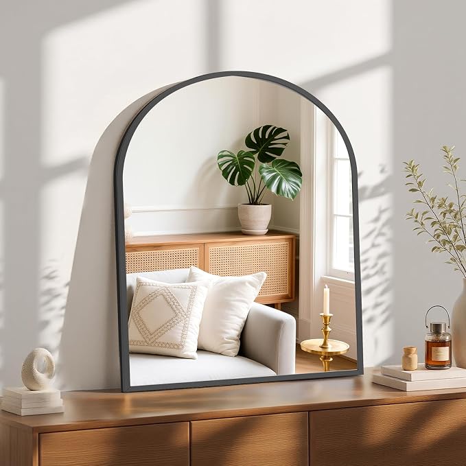 Sweetcrispy 31x32 Bathroom Mirrors for Wall, Arched Mirror for Over Sink | Metal Framed HD Shatter-Proof Glass, Decor Wall Mirror for Entryway, Living Room, Bedroom, Black