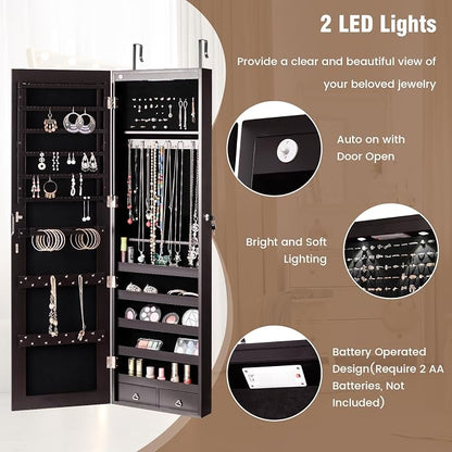 LDAILY Jewelry Armoire Wall or Door Mounted, Full-Length Mirror with Storage, Lockable Mirror Jewelry Cabinet w/ 2 Drawers, LED Lights, Over the Door Jewelry Organizer Box for Women Girls