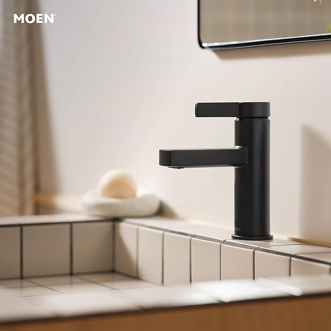 Moen Beric Matte Black Modern One-Handle Single Hole Bathroom Faucet with Drain Assembly and Optional Deckplate for Your Bath Sink, 84774BL