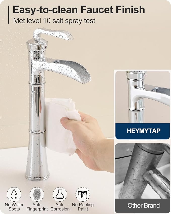 Brass Vessel Faucet, Waterfall Chrome Bathroom Faucet, Single Hole Tall Bathroom Faucets for Vessel Sinks, Single Handle Bathroom Sink Faucets with Pop-Up Drain & Supply Water Hoses, No Leaks