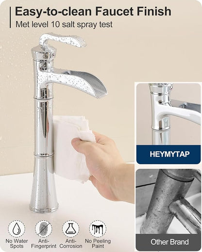 Brass Vessel Faucet, Waterfall Chrome Bathroom Faucet, Single Hole Tall Bathroom Faucets for Vessel Sinks, Single Handle Bathroom Sink Faucets with Pop-Up Drain & Supply Water Hoses, No Leaks