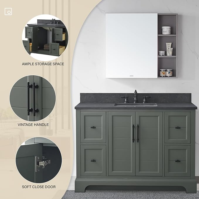 HOMEBEYOND 48 Inch Bathroom Vanity with Single Sink & Ceramic Top, Vanity Cabinet with Center Countertop Basin, Soft-Closing Doors, Backsplash, Vintage Green