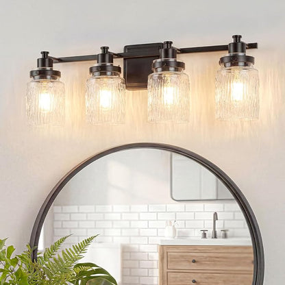 4 Light Bathroom Light Fixtures Farmhouse Black Vanity Lights | ETL Certificate, Easy to Install,Wall Mount Up or Down,Hammered Glass Lampshade,E26 Socket,Hardwired,120V