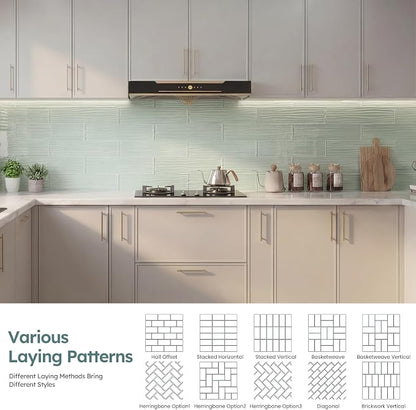 Peel and Stick Glass Subway Tiles, Green, 3x12 Inch, Water Wave Glass Backsplash for Kitchen Bathroom Wall Tiles, Pack of 20 Pieces
