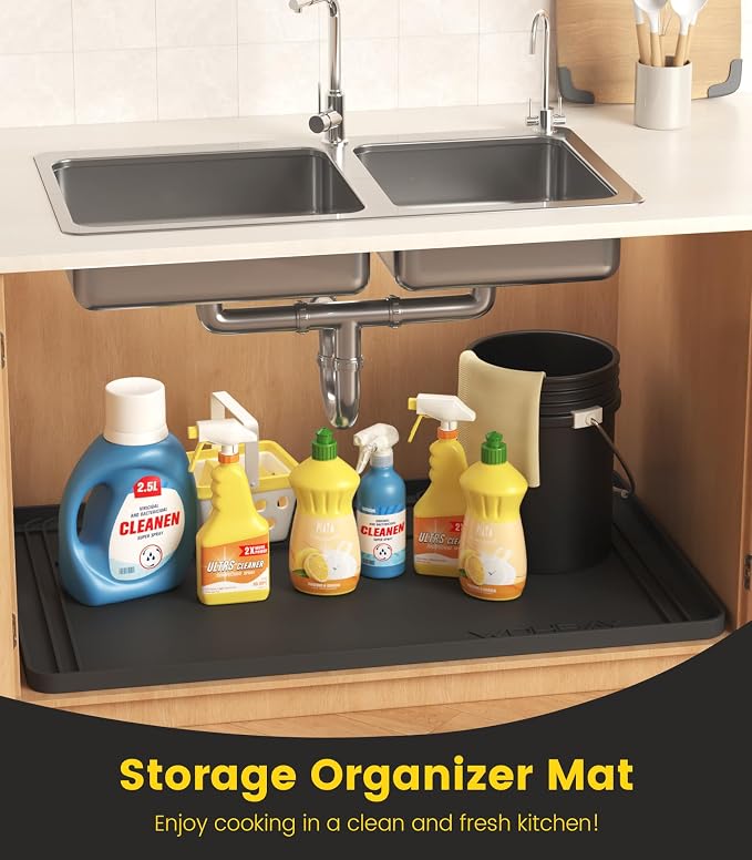 Under Sink Mats for Kitchen Waterproof 34"x22",Black | Cut to Fit Design for Various Sizes, Leak-Proof Cabinet Protection,Durable Silicone Material,Versatile Home Use