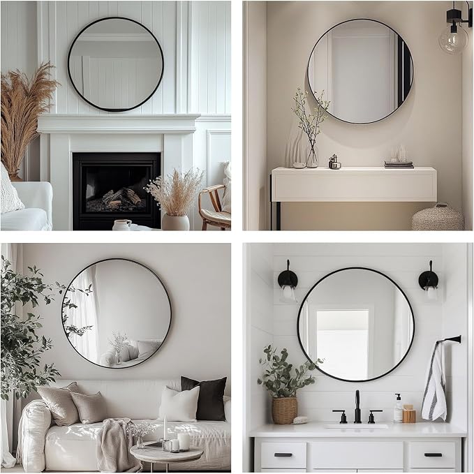 Large Round Mirror, 28 inch Circle Mirror, Matte Black Metal Frame | High Definition,Waterproof,Rust-resistant,Round Mounted Mirrors for Bathroom,Living Room,Bedroom,Hallyway,Vanity,Wall Décor