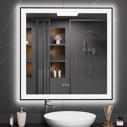 LOAAO 36"X36" LED Bathroom Mirror Black Framed | Anti-Fog, Dimmable, Memory Function, Tempered Glass, Lighted Vanity Mirror for Wall