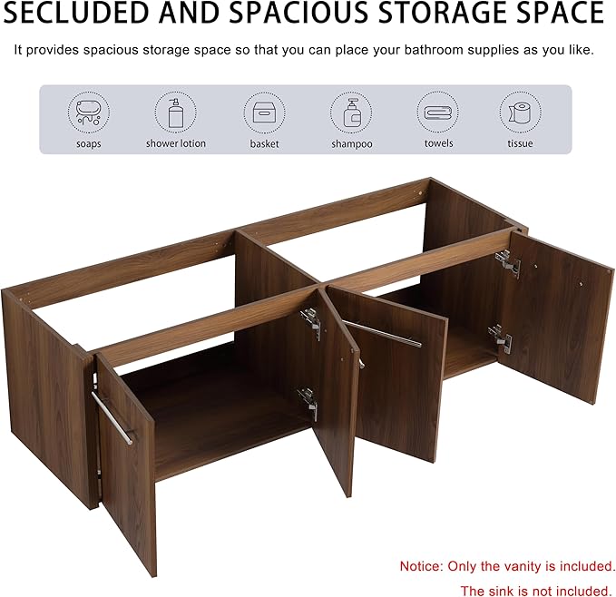 60 Inch Bathroom Vanity Without Sink, 60" Floating Vanity Without Top, Modern Wall Mounted Cabinet for Large Space, Large Bathroom Storage Cabinet with 4 Soft-Closing Doors and Bar Handles