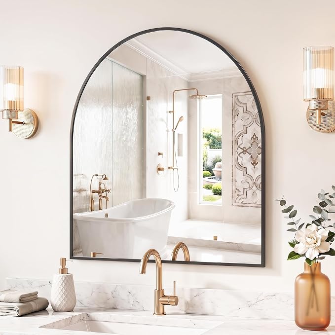 Sweetcrispy Arched Bathroom Mirror, Bathroom Mirrors for Over Sink, 31"x32" | Modern Wall Mirrors Arch Decorative for Entryway, Bedroom, Vanity,Horizontal or Vertical Hanging, Black