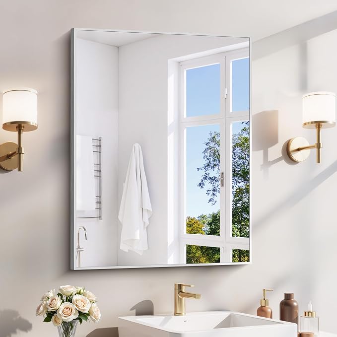YIROMAN Bathroom Mirror 24"x32",Brushed Silver Bathroom Mirror for Over Sink with Aluminum Frame, Rectangular Vanity Mirror with Right Angle, Wall Mirror Hangs Horizontal or Vertical