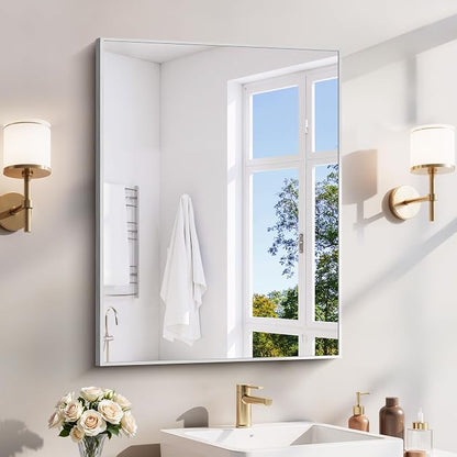 YIROMAN Bathroom Mirror 24"x32",Brushed Silver Bathroom Mirror for Over Sink with Aluminum Frame, Rectangular Vanity Mirror with Right Angle, Wall Mirror Hangs Horizontal or Vertical