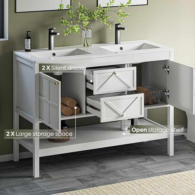 48" Bathroom Vanity with Double Sink Combo, Undermount Sink Bathroom Storage Cabinet with 2 Drawers & 2 Soft-Close Doors, Freestanding Farmhouse Cabinet with Open Storage Shelf, White