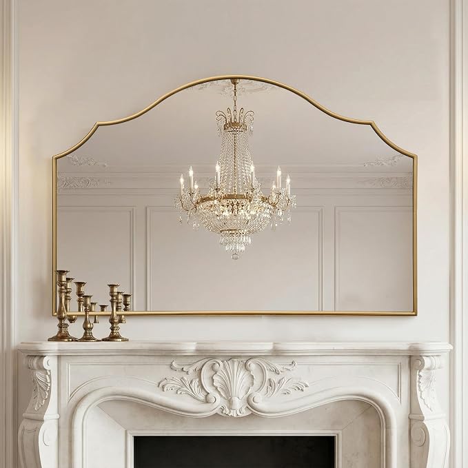 Besdomus Gold Scalloped Wall Mirror: 47"x31" Large Wooden Fireplace Mirror | Modern Minimalist Decorative Arched Mirror for Vanity/Dresser/Bedroom/Entryway/Bathroom/Living Room/Dining Room/Over Sink