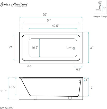 Voltaire 60" x 30" Right-Hand Drain Alcove Bathtub with Apron