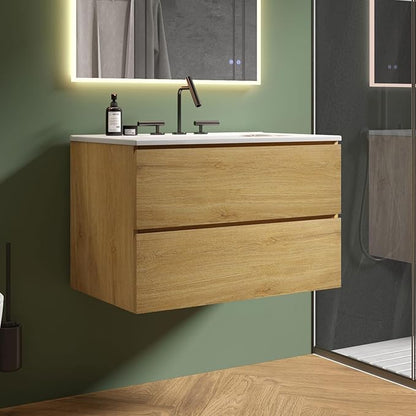 30" Bathroom Vanity with Sink, Modern Floating Vanity with Double Soft Closing Drawers, Large Storage for Small Space, Natural Oak, Fully Assembled - Iris Collection