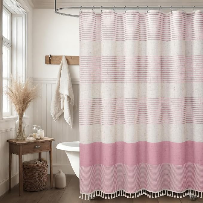 Pink Boho Linen Striped Shower Curtain with Tassel 72" W X 72" L | Boho Farmhouse Shower Curtains with Linen Texture for Bathroom Decor