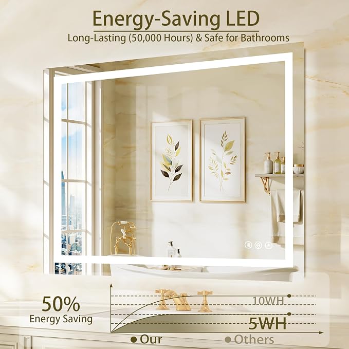 36"x48" LED Bathroom Mirror with Lights, Anti-Fog, Backlit+Frontlit | CRI 95, Stepless Dimmable, 3 Colors Lighting, Shatterproof Tempered Glass, HD Reflection, Memory, (Horizontal/Vertical)