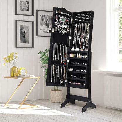 Giantex Jewelry Cabinet Armoire Lockable with Mirror, Standing Full Length Mirror with Jewelry Cabinet, 3 Adjustable Angles, Jewelry Organizer Storage Box Birthday Christmas Gifts (Black)