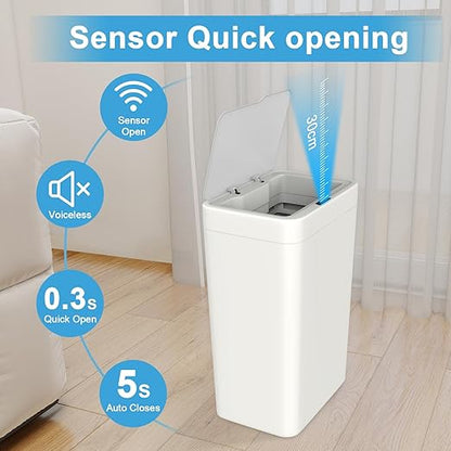 Naisu 2 Pack 4 Gal Bathroom Trash Can with Lid,Automatic Garbage Can with Touchless and Sealed Design,Slim Motion Sensor Waterproof Plastic Trash Bin Suitable for Bedrooms,Bathrooms,Kitchens,(White