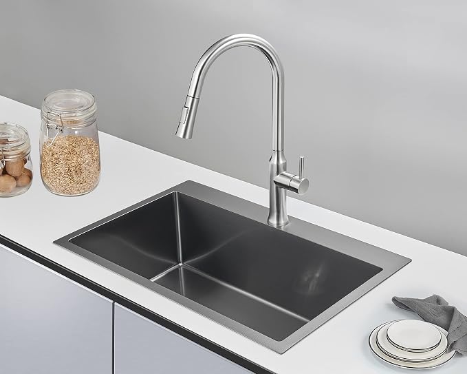 28x18 Inch Drop in Kitchen Sink Single Hole 304 Stainless Steel | Topmount Single Bowl Sink with Black Finish, Large Basin for Family Kitchen, Bar and Prep Area