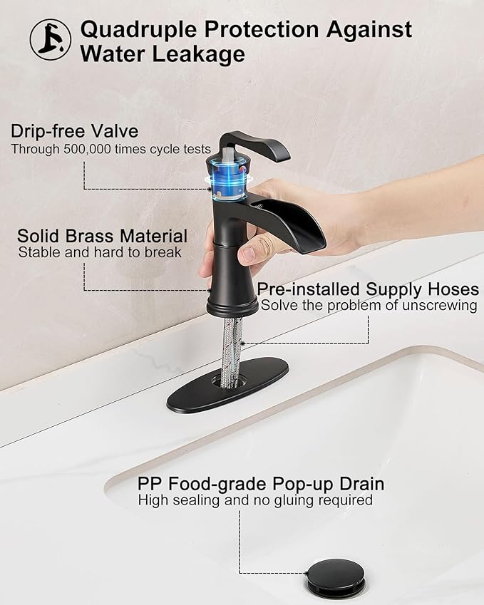 Brass Waterfall Bathroom Faucet Black, Single Handle Bathroom Sink Faucet 1 Hole, 4 Inch Bathroom Faucets 3 Hole with Deck Plate, Pop-up Drain and Supply Hoses