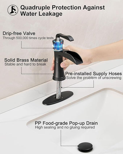 Brass Waterfall Bathroom Faucet Black, Single Handle Bathroom Sink Faucet 1 Hole, 4 Inch Bathroom Faucets 3 Hole with Deck Plate, Pop-up Drain and Supply Hoses