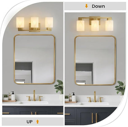 3-Light Square Bathroom Light Fixture, Gold Modern Vanity Light with White Marble Glass Shade, for Bathroom Mirror, Living Room, Bedroom, Hallway, E26 Base