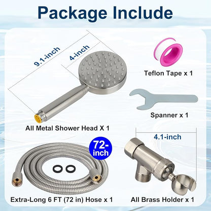 All Metal Shower Head with Handheld - 72" Long Hose, High Pressure Sprayer | Hand HeId Showerhead Spray, Solid Outdoor Showerheads and Brass Holder, Brushed Nickel