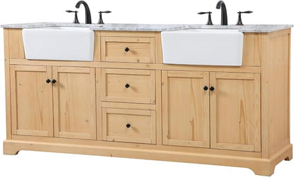 72" Pre-Assembled Bathroom Vanity with Sink, Solid Birch and MDF, Carrara White Marble Countertop Attached, Double Rectangle Porcelain Sink, 3 Soft-Close Drawers, Natural Wood