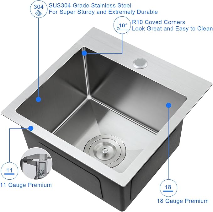 18"x18" Drop-In Single Bowl Sink 304 Stainless Steel 1-Hole | 18 inch Drop-in Kitchen Sink | 304 SS Brushed | 1-hole | 9" Deep Basin | Single Bowl | Small Kitchen/Prep