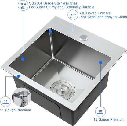 18"x18" Drop-In Single Bowl Sink 304 Stainless Steel 1-Hole | 18 inch Drop-in Kitchen Sink | 304 SS Brushed | 1-hole | 9" Deep Basin | Single Bowl | Small Kitchen/Prep