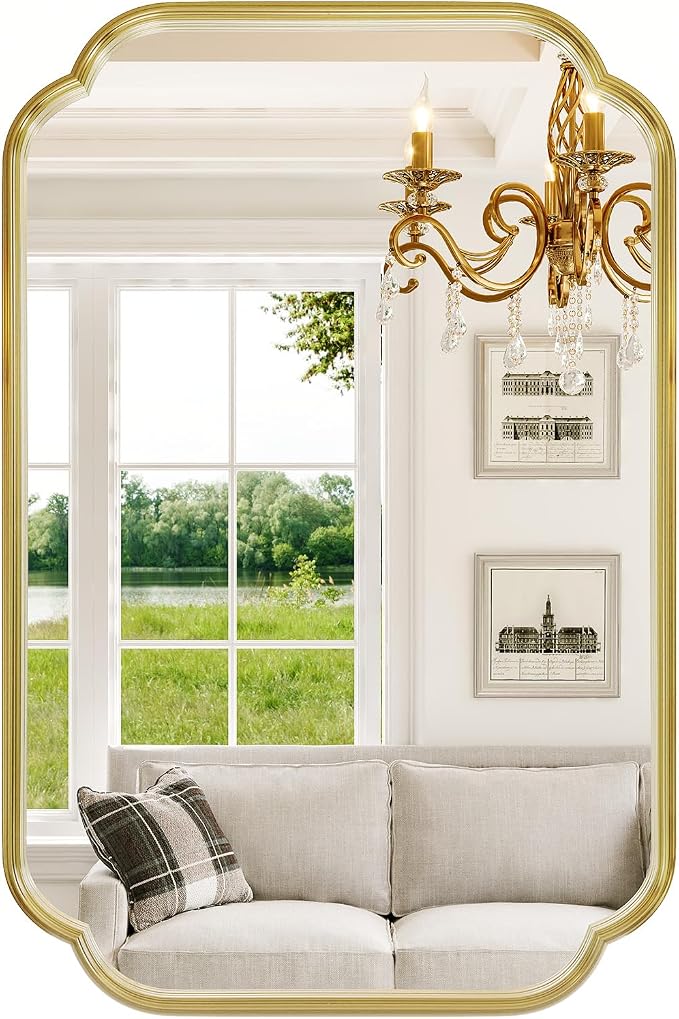 Gold Bathroom Scalloped Mirror, 24” x 36” Rounded Corner Rectangle Wall Mirrors with Metal Frame, Modern Vanity Mirror for Fireplace, Living Room, Entryway, Horizontal or Vertical